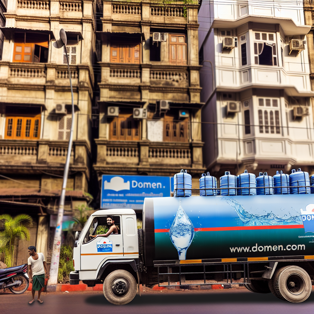 A water delivery truck with Water Delivery Service logo on the side, delivering water jugs to a residential building in Mumbai