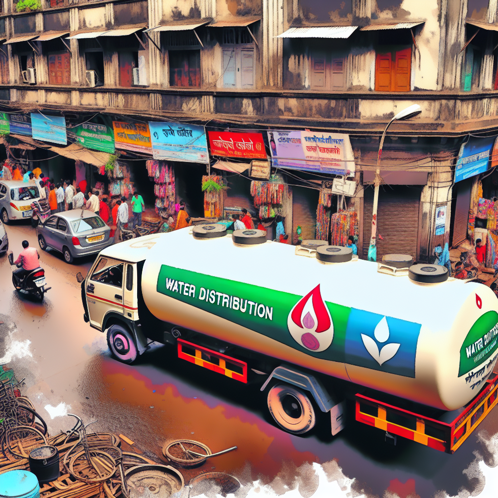 A large water delivery truck with Domen logo on the side, driving through the streets of Mumbai