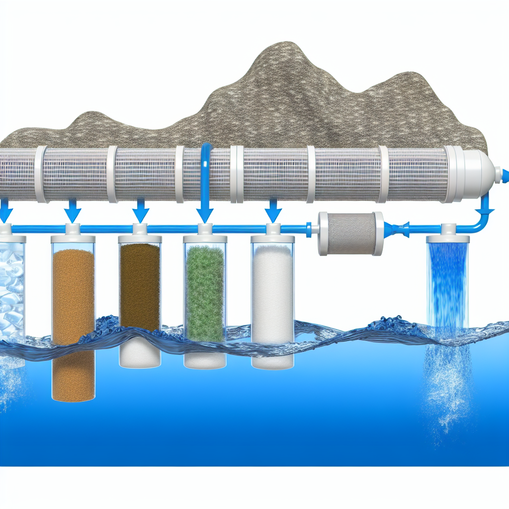 Diagram showing the multi-stage water filtration process used by Domen, including sediment filtration, activated carbon filtration, reverse osmosis, UV disinfection, and ozonation. Water flows through a series of filters and treatment stages to remove impurities and ensure the highest quality drinking water.